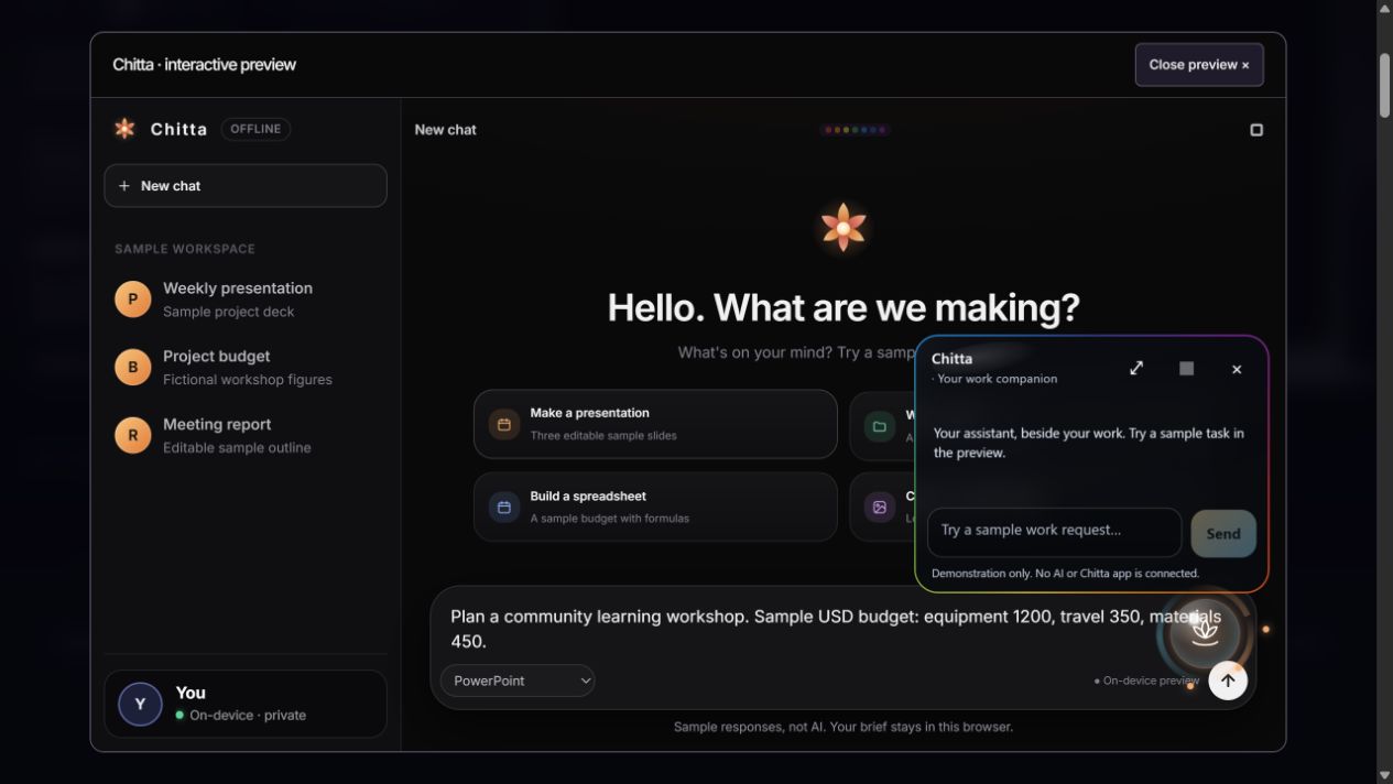 Clean Chitta preview with a dark workspace, sample work shortcuts and the colourful floating companion bubble